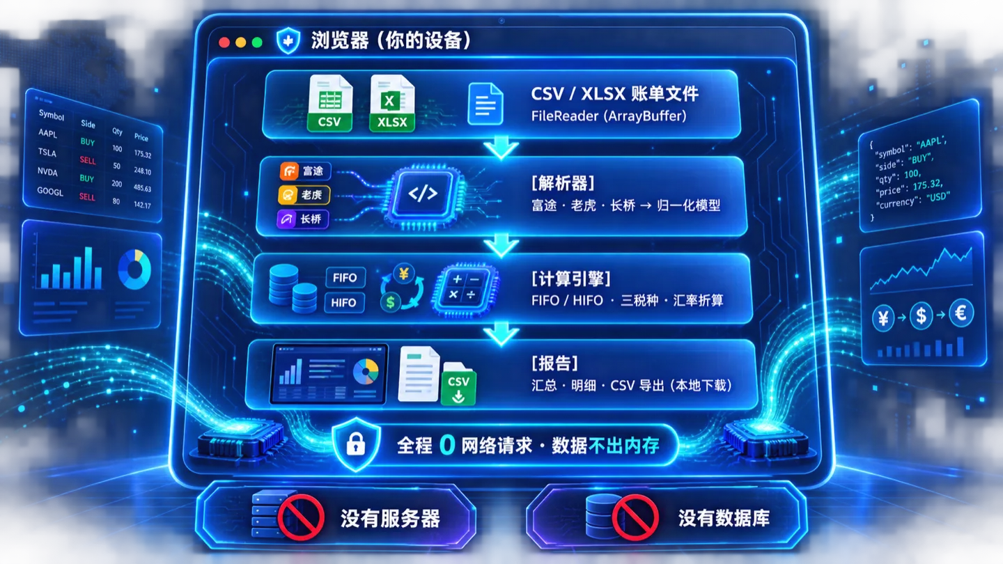 TradeTax 隐私架构: 账单文件在浏览器本地解析与计算, 全程零网络请求, 无服务器无数据库